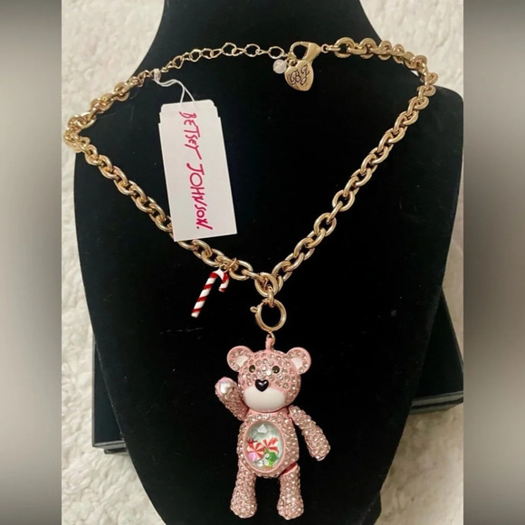 Betsey Johnson Jewelry - BETSEY JOHNSON Christmas Teddy Bear Pink Inlay Crystal Necklace Belly Charms NWT